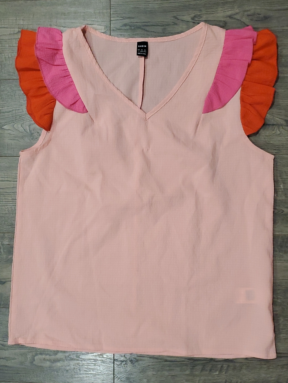SHEIN Blush Pink V-Neck Tank with Hot Pink and Orange Ruffle Sleeves